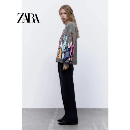 ZARA Autumn and Winter New Women's Contrast Print Round Neck Long Sleeve Sweatshirt 1131865 807