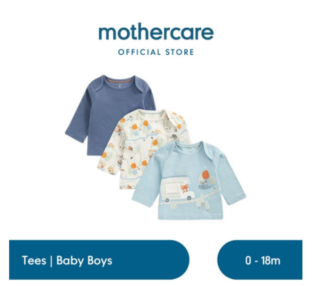Mothercare Long-Sleeved T-Shirts - 3 Pack - Set Kaos Bayi Laki-laki (Biru)