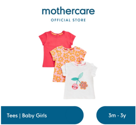 Mothercare Cherry T-Shirts - 3 Pack - Set Kaos Bayi Perempuan (Multicolor)