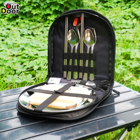 TAPERKAN set alat makan camping outdoor + tas tableware 2 person