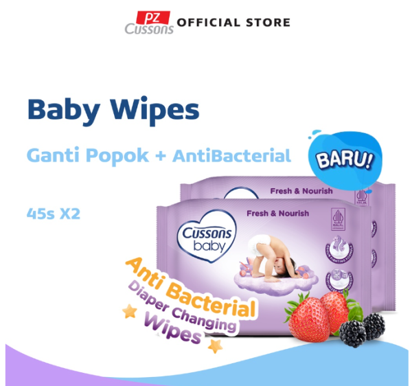 Cussons Baby Wipes Fresh & Nourish - Tisu Basah Bayi - Ganti Popok 45's X2