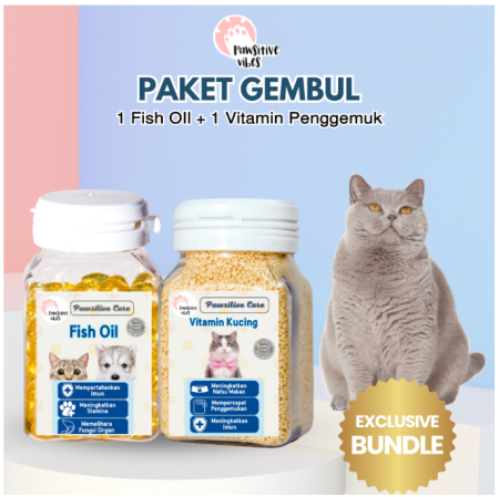 Pawsitive Vibes Vitamin Kucing Paket BULU GEMBUL untuk Nafsu Makan, Badan Gemuk, Bulu Lebat, Gembul dan Cegah Rontok - Fish Oil
