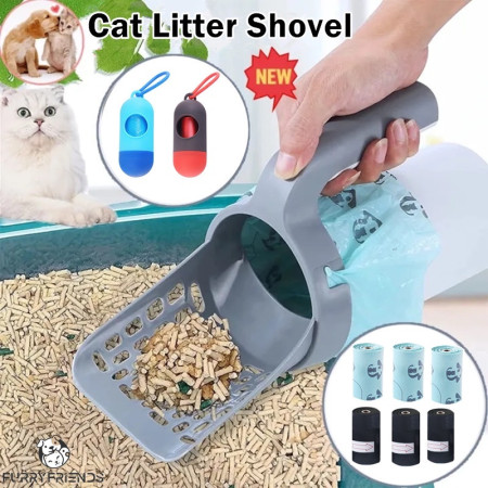 Kantong Kotoran/Sekop Litter Box Kucing Serokan Pasir Poop Pet Cat Scoop Bonus Dispenser Kantong Plastik