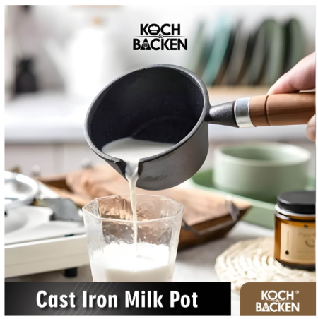 KOCH&BACKEN Cast Iron Milk Pot Gagang Kayu - Panci Susu Anti Lengket - 11 CM