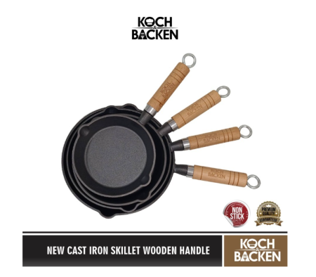 KOCH&BACKEN Cast Iron Skillet 13cm Gagang Kayu-Wajan/Pan Anti Lengket - 16cm