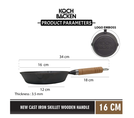 KOCH&BACKEN Cast Iron Skillet 13cm Gagang Kayu-Wajan/Pan Anti Lengket - 16cm