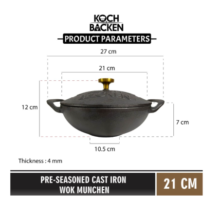 KOCH&BACKEN Cast Iron Wok – Wajan Kuali Besi Cor Anti Lengket - 21cm