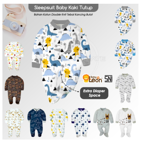 1Pcs Jumper Bayi Pakaian Tidur Bayi Jumpsuit Panjang Kaki Tutup BC-072 - DINO GRAY, 0-6 Bulan