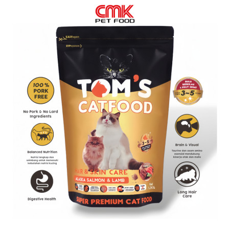 Tom's Cat Food Hair & Skin Care 1.2kg ( Alaska Salmon & Lamb ) 34% Protein - Toms catfood dry catfood