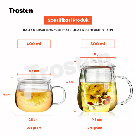 Clear Glass Tea Cup With Tea Infuser Filter & Lid 500ml - Gelas 3 in 1 - 400ml