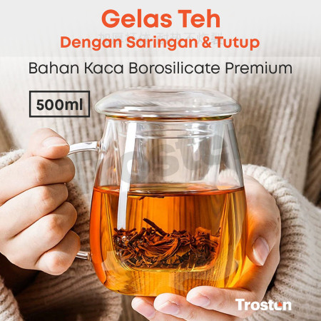 Clear Glass Tea Cup With Tea Infuser Filter & Lid 500ml - Gelas 3 in 1 - 400ml