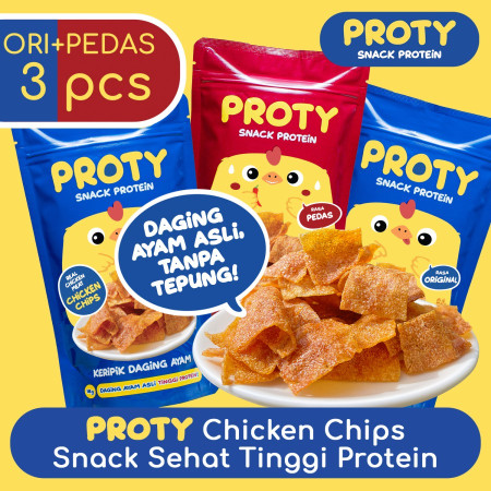 Snack Sehat Tinggi Protein PROTY Ori(2)+Pedas(1) Cemilan Chicken Chips