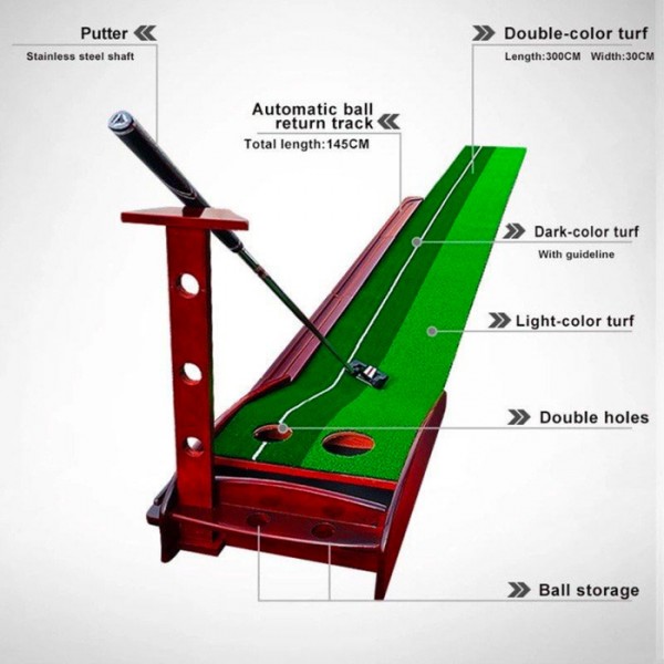 PGM Wooden Golf Putting Green Mat Trainer 3M With Auto Ball Return