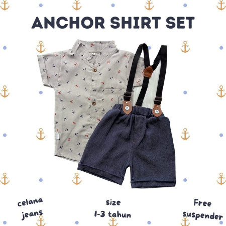 setelan kemeja suspender anak laki laki 1 -3 tahun anchor shirt - krem, size 1
