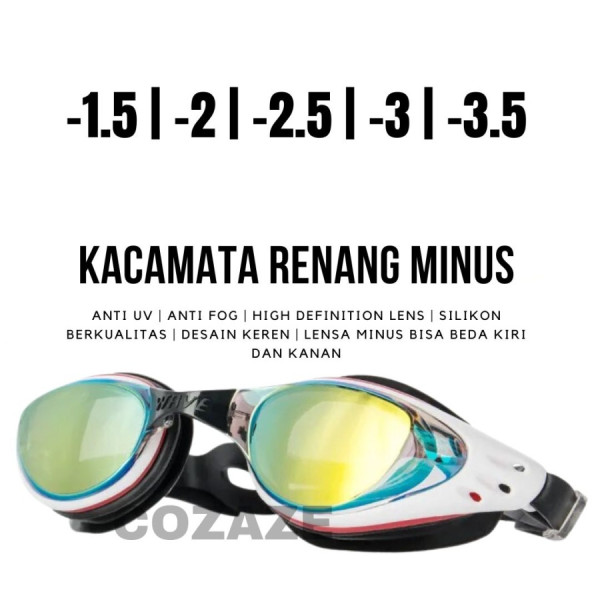 Kacamata Renang Minus Wave GA2409E Beda Minus Kiri Kanan -1.5 to -3.5 - Hitam, L2.5