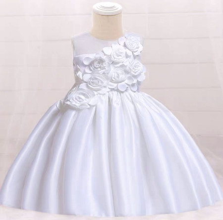 Baju Gaun Dress Pesta Ulang Tahun Anak Perempuan Import Motif Bunga - Putih, 0-6 Bulan