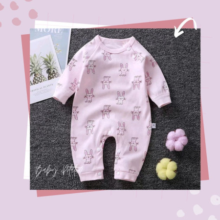 Baju Bayi Newborn jumpsuit Lengan Panjang 0-12 Bulan motif lucu - PINK BUNNY, 0-3 Bulan