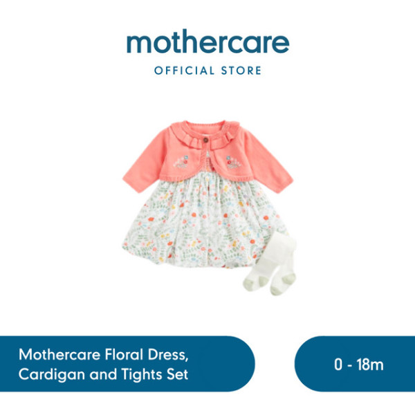 Mothercare Floral Dress, Cardigan & Tights Set - Dress Bayi (Multi) - 0-1 months