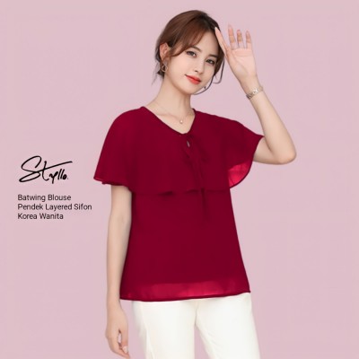 Baju Blouse Blus Wanita Lengan Pendek Sifon Korea Double Layer - Merah - Merah, XL fit XXL